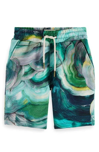 Scotch & Soda Kids' Swirl Print Sweat Shorts In Abstract Fungi Green