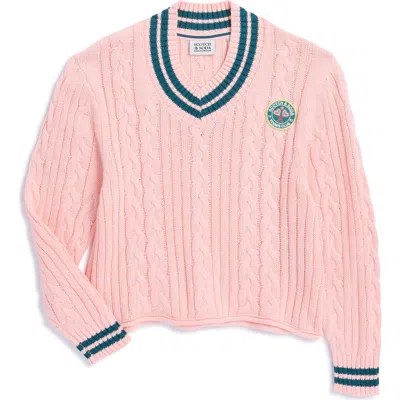Scotch & Soda Kids' Tennis Group Cable Knit Sweater In Impatiens Pink