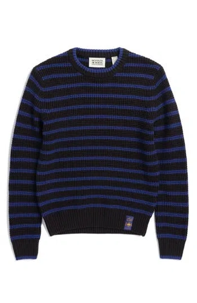 Scotch & Soda Kids' Big Boys Yarn Dye Stripe Crew Neck Sweater In Black