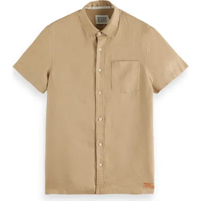 Scotch & Soda Linen Short Sleeve Button-up Shirt In Tannin
