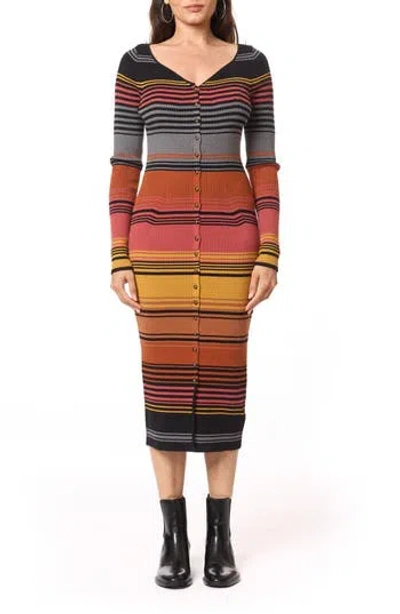 Scotch & Soda Long Sleeve Rib Knit Midi Dress In Black Night Ombre Stripe