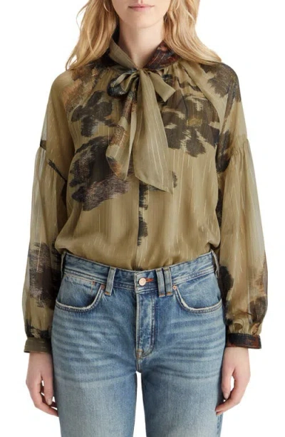 Scotch & Soda Metallic Stripe Tie Neck Top In Poetry Tapestry Military