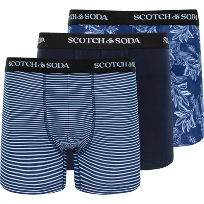 Scotch & Soda 3-pack Cotton Stretch Trunks In Navy/light Blue