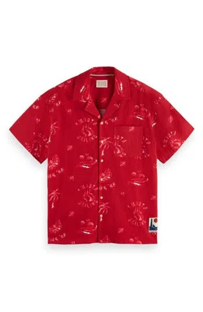 Scotch & Soda Printed Cotton Camp Shirt In Medium Red