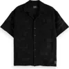 Scotch & Soda Relaxed Fit Open Knit Short Sleeve Button-up Shirt In Washed Black