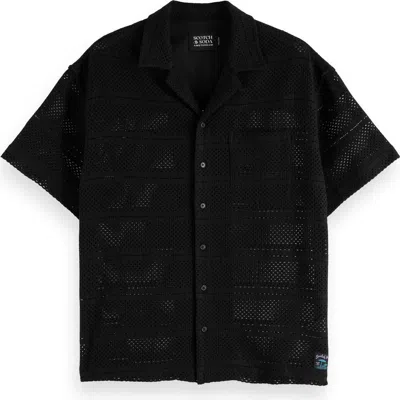 Scotch & Soda Relaxed Fit Open Knit Short Sleeve Button-up Shirt In Washed Black