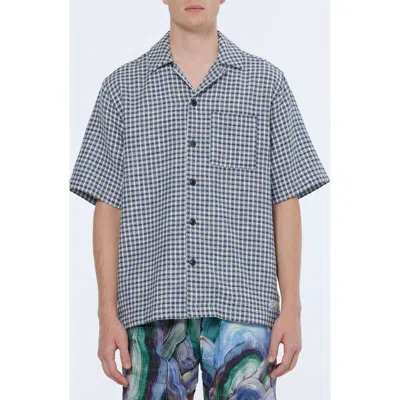 Scotch & Soda Relaxed Jacquard Cotton & Linen Camp Shirt In Blue Diamond