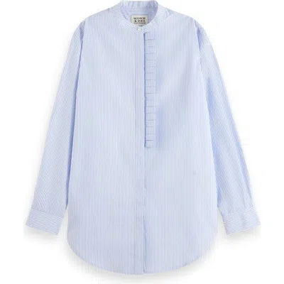 Scotch & Soda Ruffle Placket Oversize Button-up Shirt In Mystic Blue And White Stripes