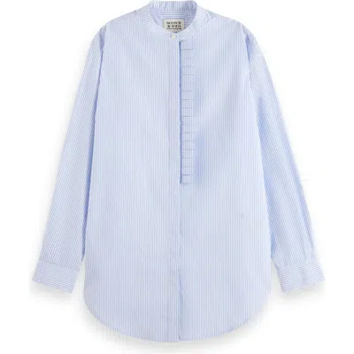 Scotch & Soda Ruffle Placket Oversize Button-up Shirt In Blue