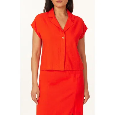 Scotch & Soda Short Sleeve Linen Blend Button-up Top In Orange