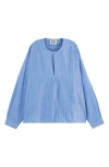 Scotch & Soda Stripe Bib Cotton & Linen Top In Blue And White Pin Stripe