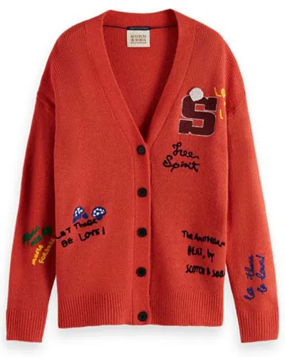 Scotch & Soda Varsity Embroidered Wool & Alpaca-blend P Cardigan In Red