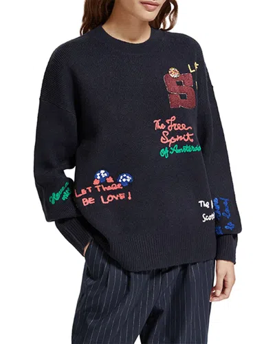Scotch & Soda Varsity Embroidered Wool & Alpaca-blend Pullover In Blue