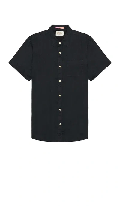 Scotch & Soda Short Sleeve Linen Shirt In 黑色