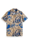 Scotch & Soda Slim Fit Print Short Sleeve Organic Cotton Button-up Shirt In 6539-sand Music Paisley