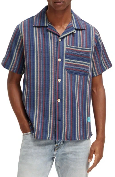 Scotch & Soda Slim Fit Stripe Short Sleeve Cotton Button-up Shirt In Blue