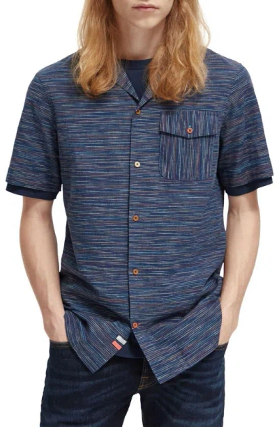 Scotch & Soda Spaced Out Short Sleeve Linen Blend Camp Shirt In Multi Blue Stripe