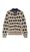 Scotch & Soda Scotch Soda Mens Textured Jacquard Zip Front Diamond Pattern Jacket Knitted Long Sleeve Polo Sweater In Mocha
