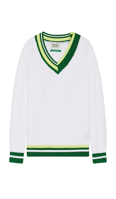 Scotch & Soda V Neck Dropped Shoulder Cable Knit Sweater In 白色