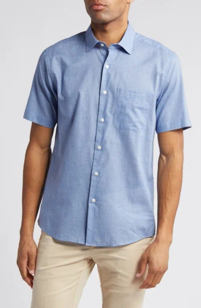 Scott Barber Heathered Chambray Short Sleeve Button-up Shirt In Dusk