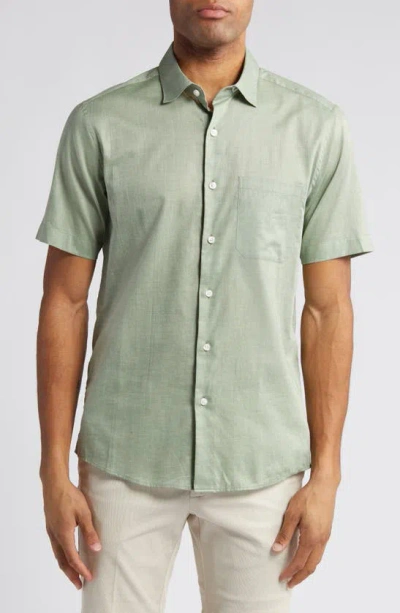 Scott Barber Heathered Chambray Short Sleeve Button-up Shirt In Sage