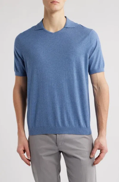 Scott Barber Short Sleeve Johnny Collar Polo Sweater In Denim