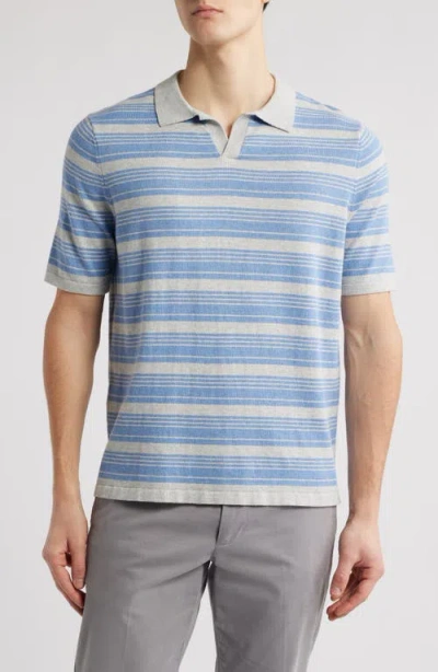 Scott Barber Stripe Johnny Collar Short Sleeve Polo Sweater In Blue