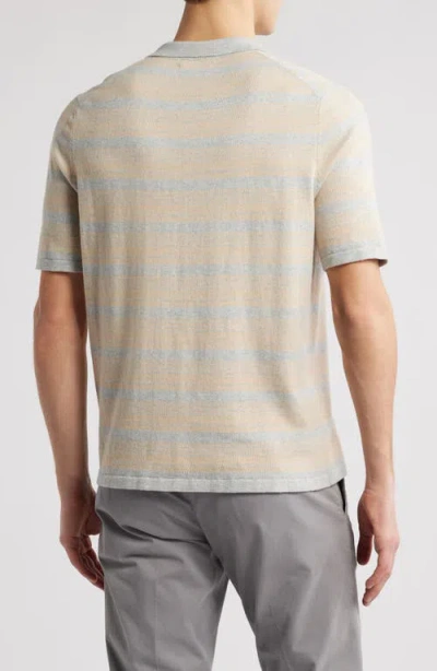 Scott Barber Stripe Johnny Collar Short Sleeve Polo Sweater In Khaki