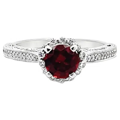 Pre-owned Scott Kay 14k White Gold Contemporary Ring With Round Garnet & Diamonds
