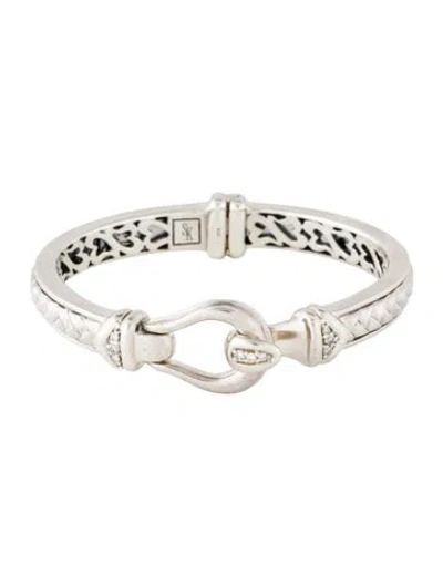 Pre-owned Scott Kay Diamond Buckled Basketweave Hinged Bangle, 6.5" In Multicolor