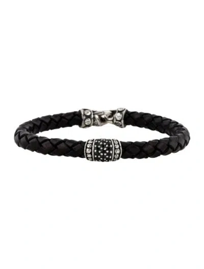 Pre-owned Scott Kay Sapphire & Leather Station Bracelet, 7.5" In Black