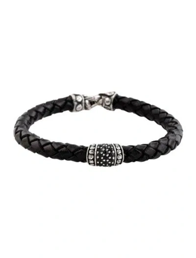 Pre-owned Scott Kay Sapphire Woven Leather Station Bracelet, 7.5" In Black