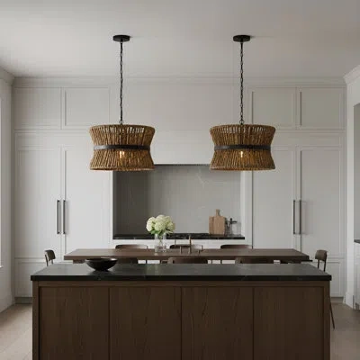 Scott Living Thurlo 2 Light Kitchen Pendant In Midnight Black Finish With Natural Abaca Rope Shade
