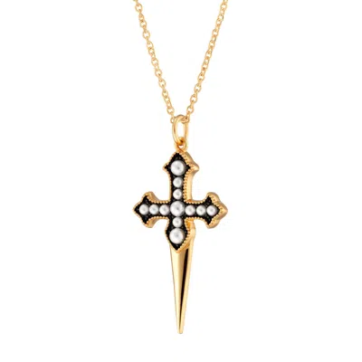 Scream Pretty Women's Black / White / Gold Gold Pearl Dagger Necklace With Slider Clasp In Multi