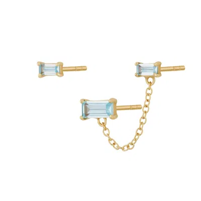 Scream Pretty Women's Gold / Blue Gold Aquamarine Chained Baguette Stud Earring Set