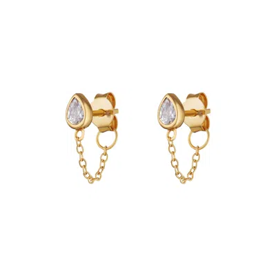 Scream Pretty Women's Gold Chained Teardrop Stud Earrings With Clear Stone