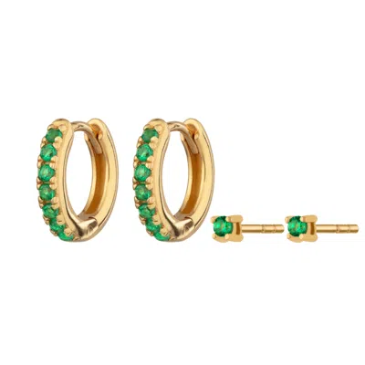 Scream Pretty Women's Gold Green Stone Huggie And Tiny Stud Set Of Earrings