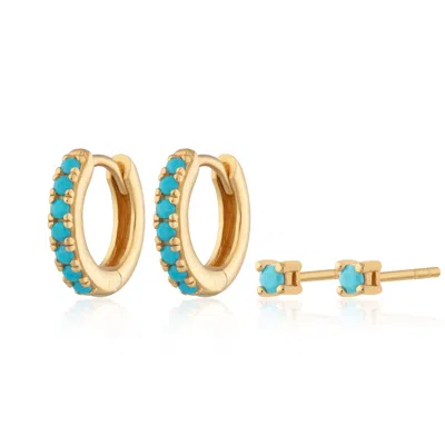 Scream Pretty Women's Gold Turquoise Stone Huggie & Tiny Stud Set Of Earrings In Blue