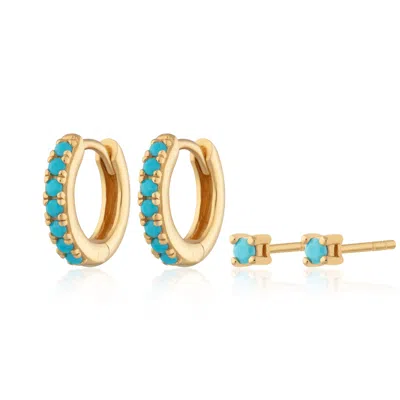 Scream Pretty Women's Gold Turquoise Stone Huggie & Tiny Stud Set Of Earrings