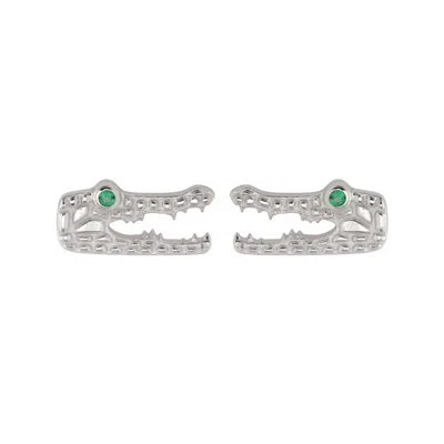 Scream Pretty Women's Silver Crocodile Stud Earrings With Green Eyes In Metallic