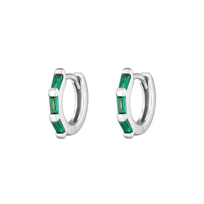 Scream Pretty Women's Silver / Green Silver Baguette Huggie Earrings With Green Stones In Metallic