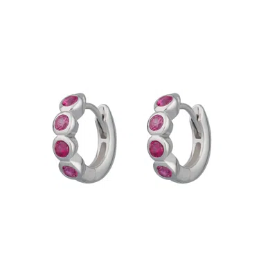 Scream Pretty Women's Silver / Pink / Purple Silver Bezel Huggie Earrings With Ruby Pink Stones In Metallic