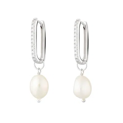 Scream Pretty Women's Silver Sparkle Oval Hoop Earrings With Baroque Pearls In White