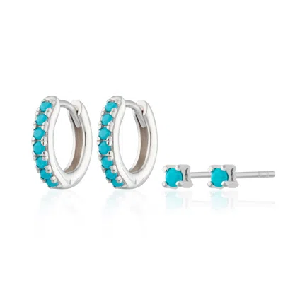 Scream Pretty Women's Silver Turquoise Stone Huggie & Tiny Stud Set Of Earrings