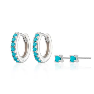 Scream Pretty Women's Silver Turquoise Stone Huggie & Tiny Stud Set Of Earrings In Blue