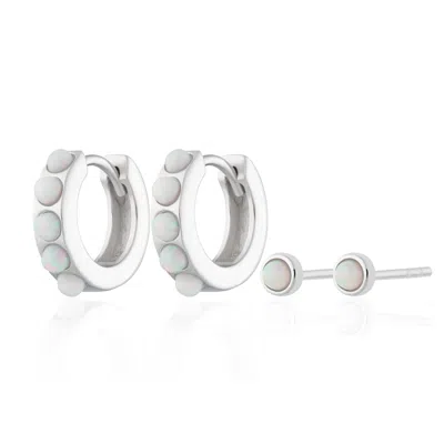 Scream Pretty Women's Silver / White Silver White Opal Huggie & Tiny Stud Set Of Earrings In Metallic