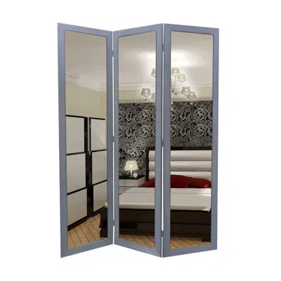 Screen Gems 3 Panel Wooden Foldable Mirror Encasing Room Divider, White And Silver In Weathered Gray