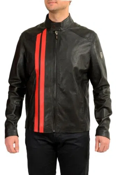Pre-owned Scuderia Ferrari Men's 100% Goat Leather "racer" Bomber Jacket Us L It 52 In Black