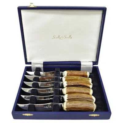 Pre-owned Scully &  Arts & Crafts Natural Staghorn Handle Steak Knives - Set Of 6 In Beige