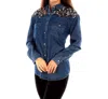 Scully Denim Blouse With Jacquard Back In Blue/brown